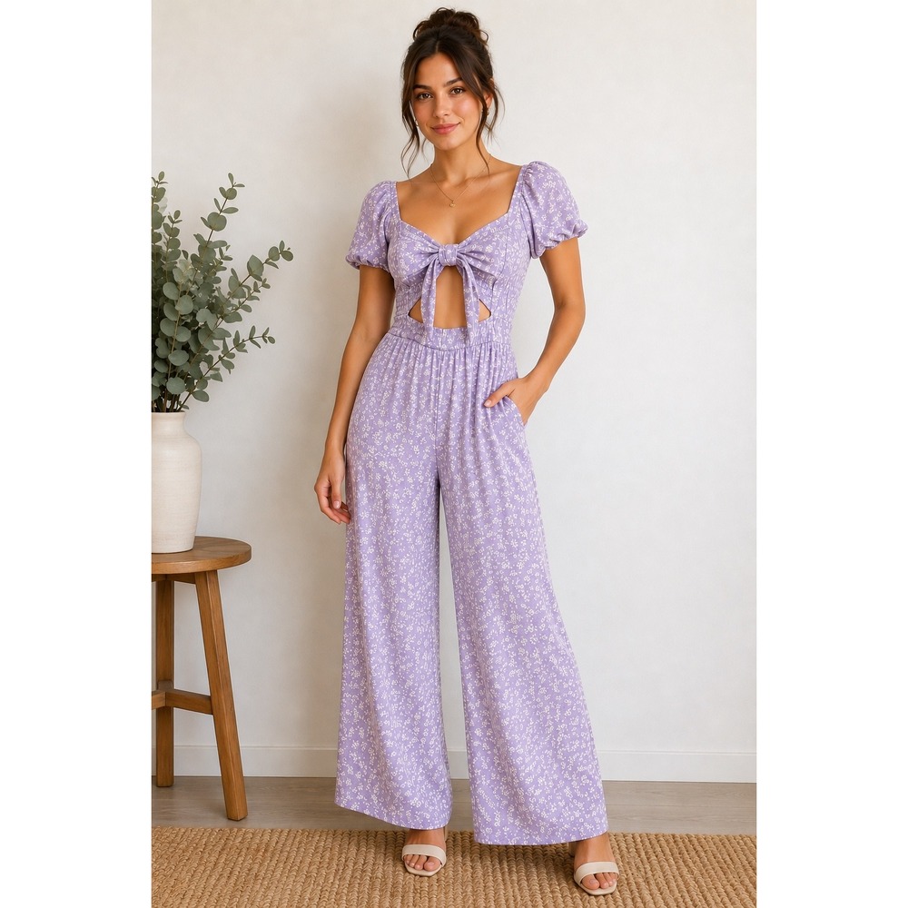 Rewind Lavender Floral Linen Blend Cutout Wide Leg Jumpsuit Womens Small‎